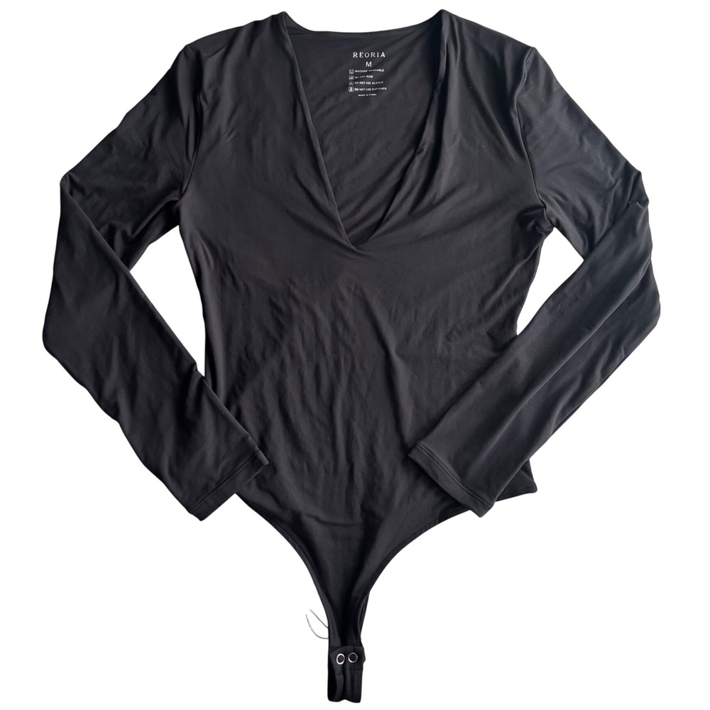 Black Long Sleeve Deep V‎ Neck Double Lined Bodysuit Goth Witchy Punk Romantic M